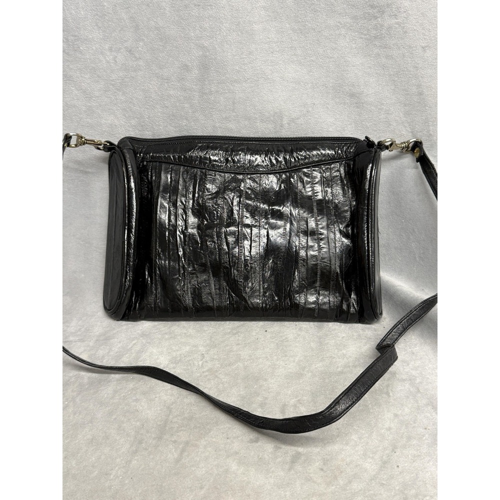 Sam Jin Eel Skin‎ Leather Crossbody Bag Purse Womens Black Convertible Clutch